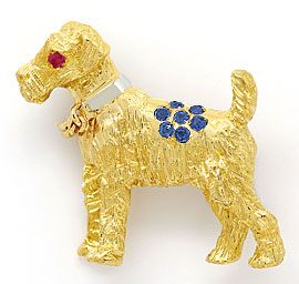 Foto 1 - Gold Hund Plastisch als Brosche Rubine Saphire 18K Gold, S3128